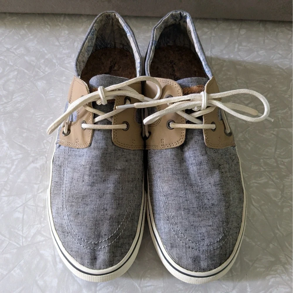 Tommy Bahama Mens Blue Grey Canvas‎ Boat Shoes Loafers Size 11.5D Cork Footbed